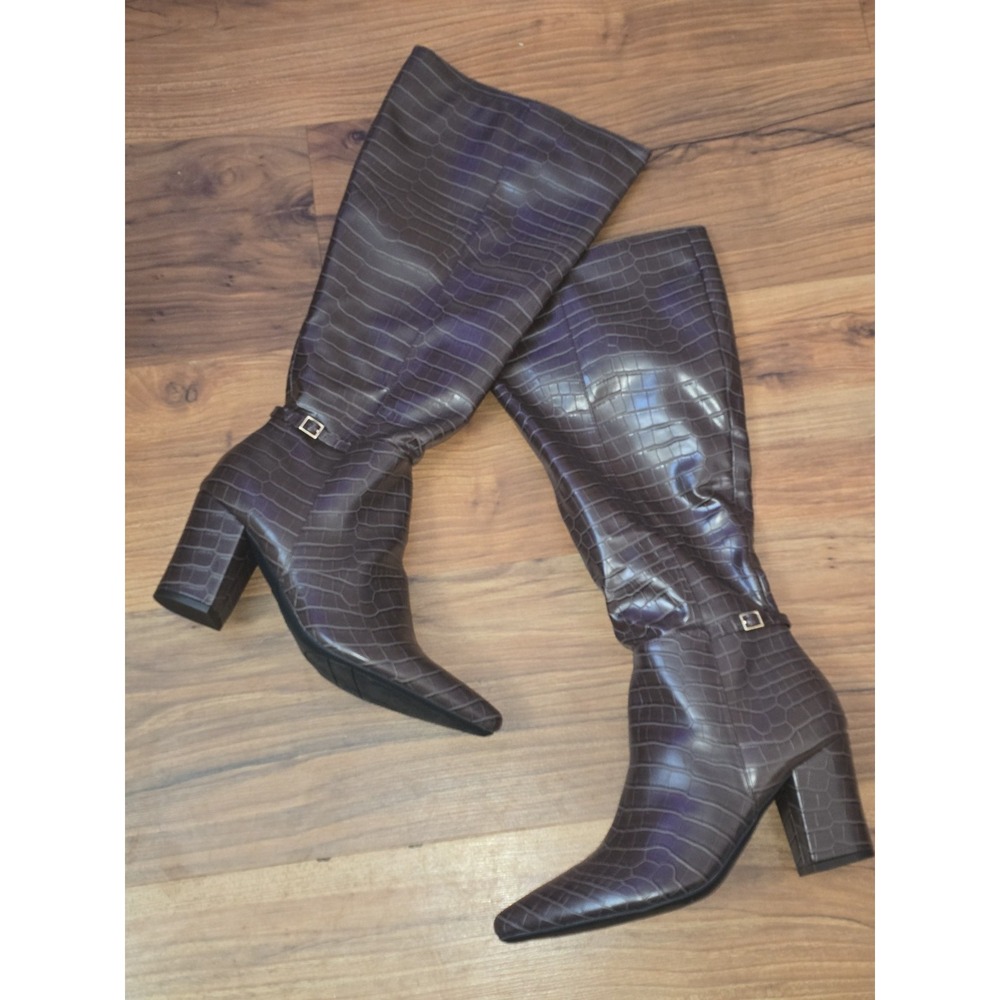 LifeStride Stratford Womens Brown Croc Embossed Wide Calf Block Heel Boots 10M